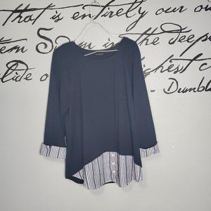 I.N. Studio Navy Knit Scoop Neck Cuffed Sleeve Stripe Faux Layered Front Hem Top